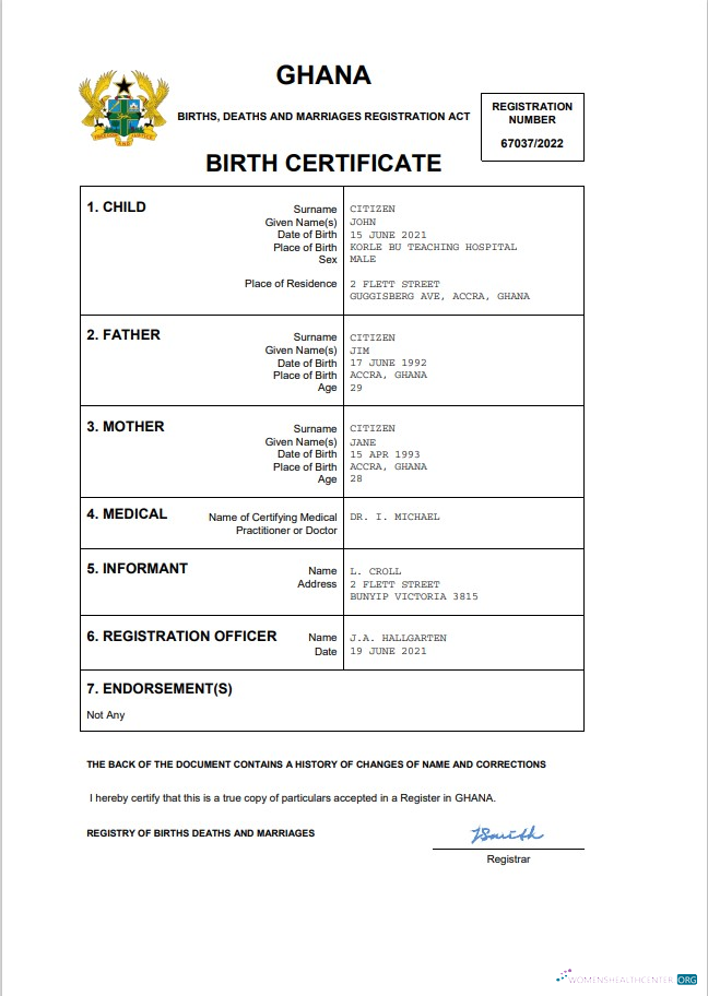 Download Ghana vital record birth certificate Word and PDF template Photoshop template
